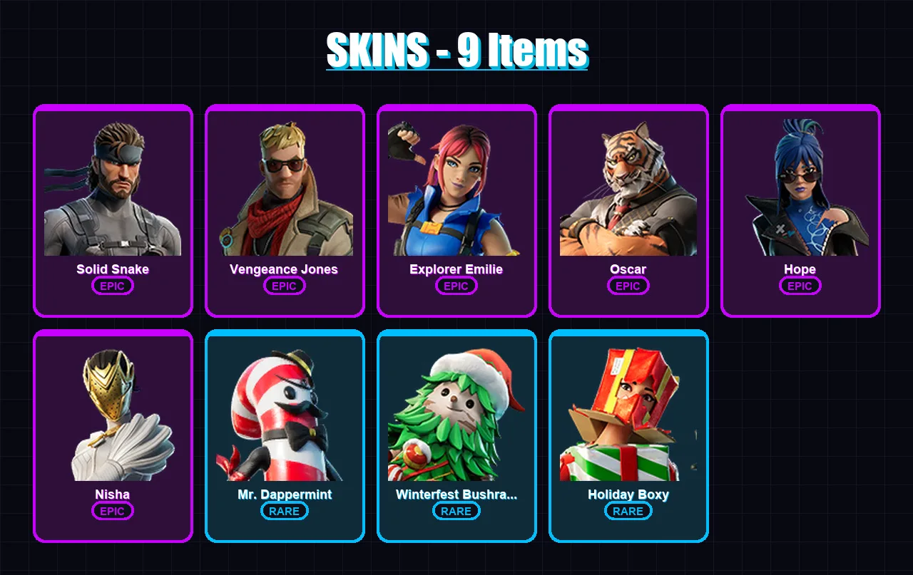 [PS4/PS5/XBOX/PC] | Solid Snake | Vengeance Jones | Explorer Emilie | Oscar | Hope | 9 skin | 9 pickaxe | 4 emote | 9 glider | Lv71