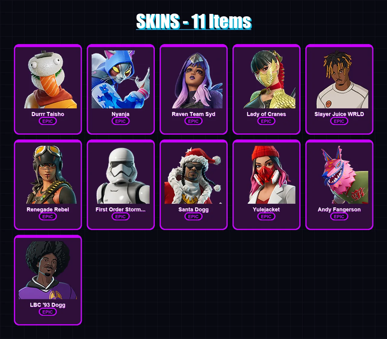 [PC/XBOX/PSN] | Durrr Taisho | Nyanja | Raven Team Syd | Lady of Cranes | Slayer Juice WRLD | 11 skin | 19 pickaxe | 9 emote | 11 glider | Lv75 — Fortnite account