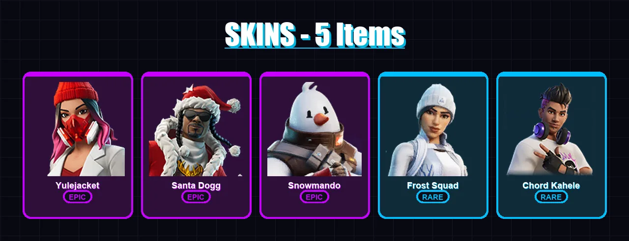 [PC/XBOX/PSN] | Yulejacket | Santa Dogg | Snowmando | Frost Squad | Chord Kahele | 5 skin | 25 pickaxe | 16 emote | 21 glider | Lv460