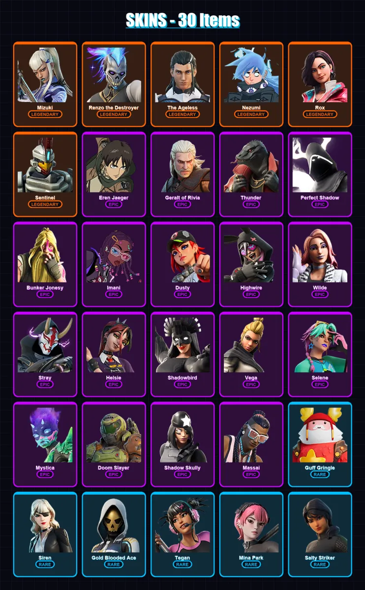 [PC/XBOX/PSN] | Mizuki | Renzo the Destroyer | The Ageless | Nezumi | Rox | 30 skin | 30 pickaxe | 25 emote | 28 glider | Lv404