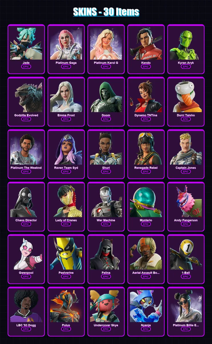 [PC/XBOX/PSN] | Jade | Platinum Gaga | Platinum Karol G | Kendo | Kyran Aryk | 30 skin | 50 pickaxe | 27 emote | 30 glider | Lv372