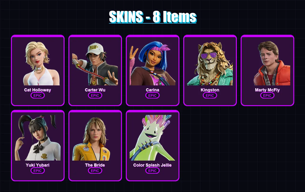 [PC/XBOX] | Cat Holloway | Carter Wu | Carina | Kingston | Marty McFly | 8 skin | 17 pickaxe | 17 emote | 15 glider | Lv79