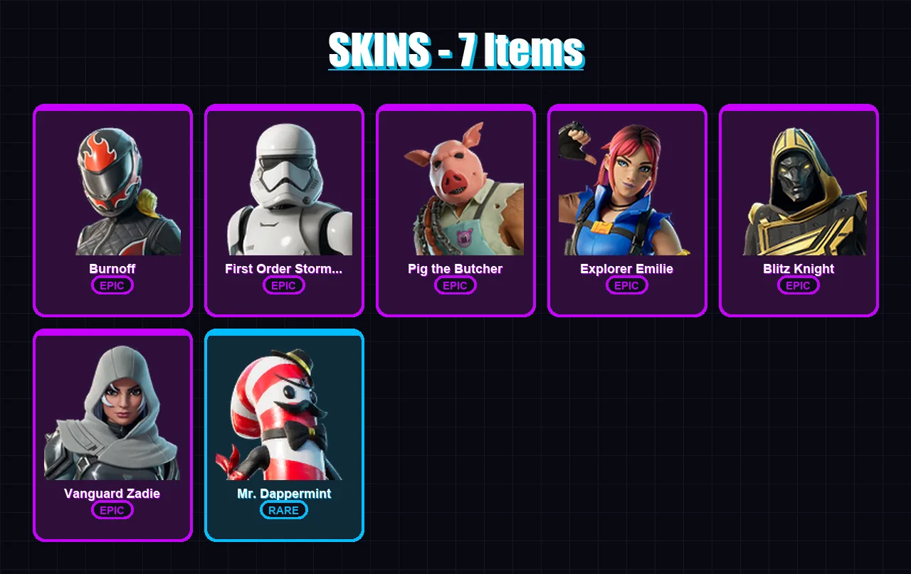 [PC/PSN] | Burnoff | First Order Stormtrooper | Pig the Butcher | Explorer Emilie | Blitz Knight | 7 skin | 18 pickaxe | 7 emote | 15 glider | Lv118 — Game account