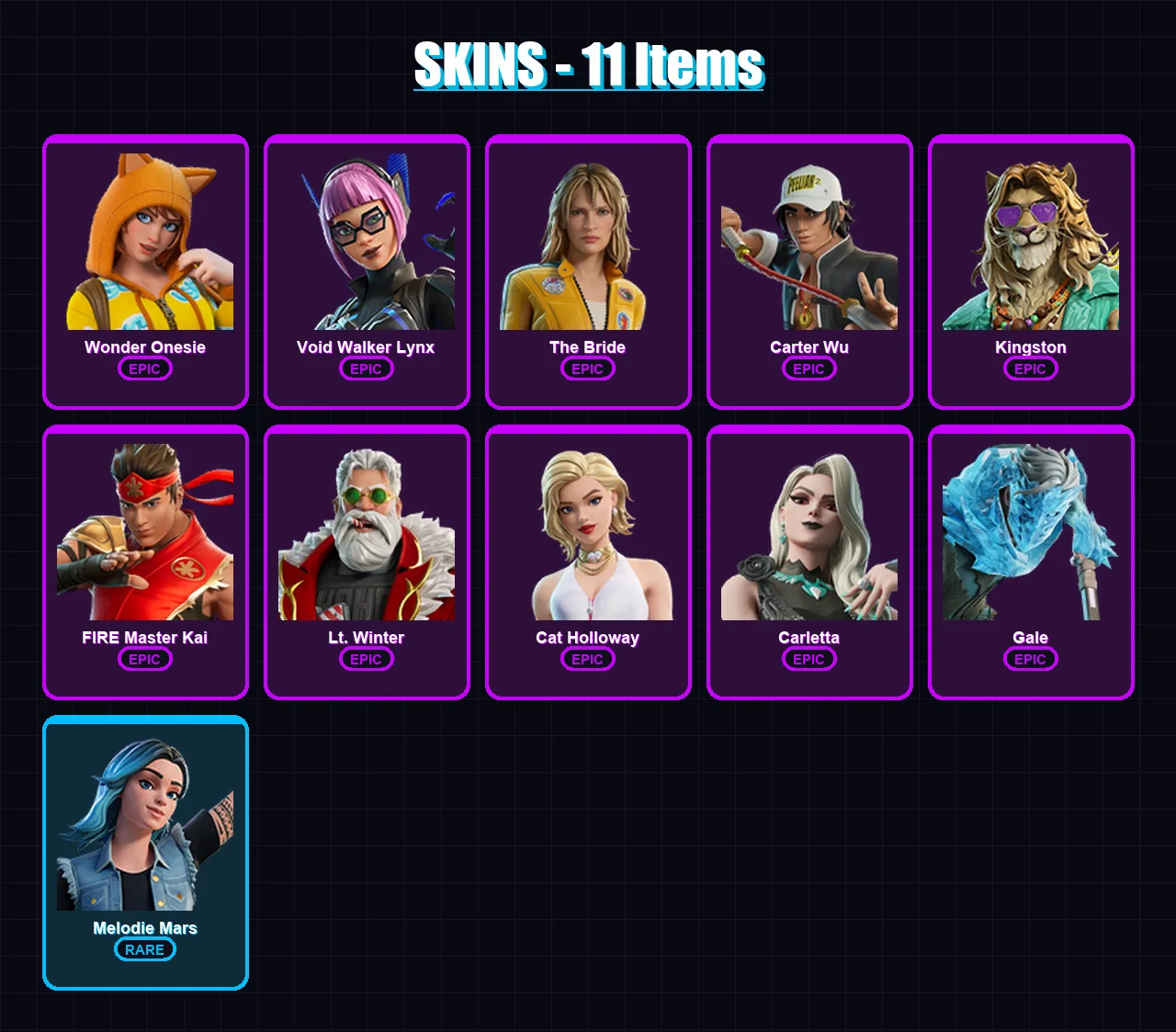[PC/PSN] | Wonder Onesie | Void Walker Lynx | The Bride | Carter Wu | Kingston | 11 skin | 20 pickaxe | 18 emote | 13 glider | Lv166