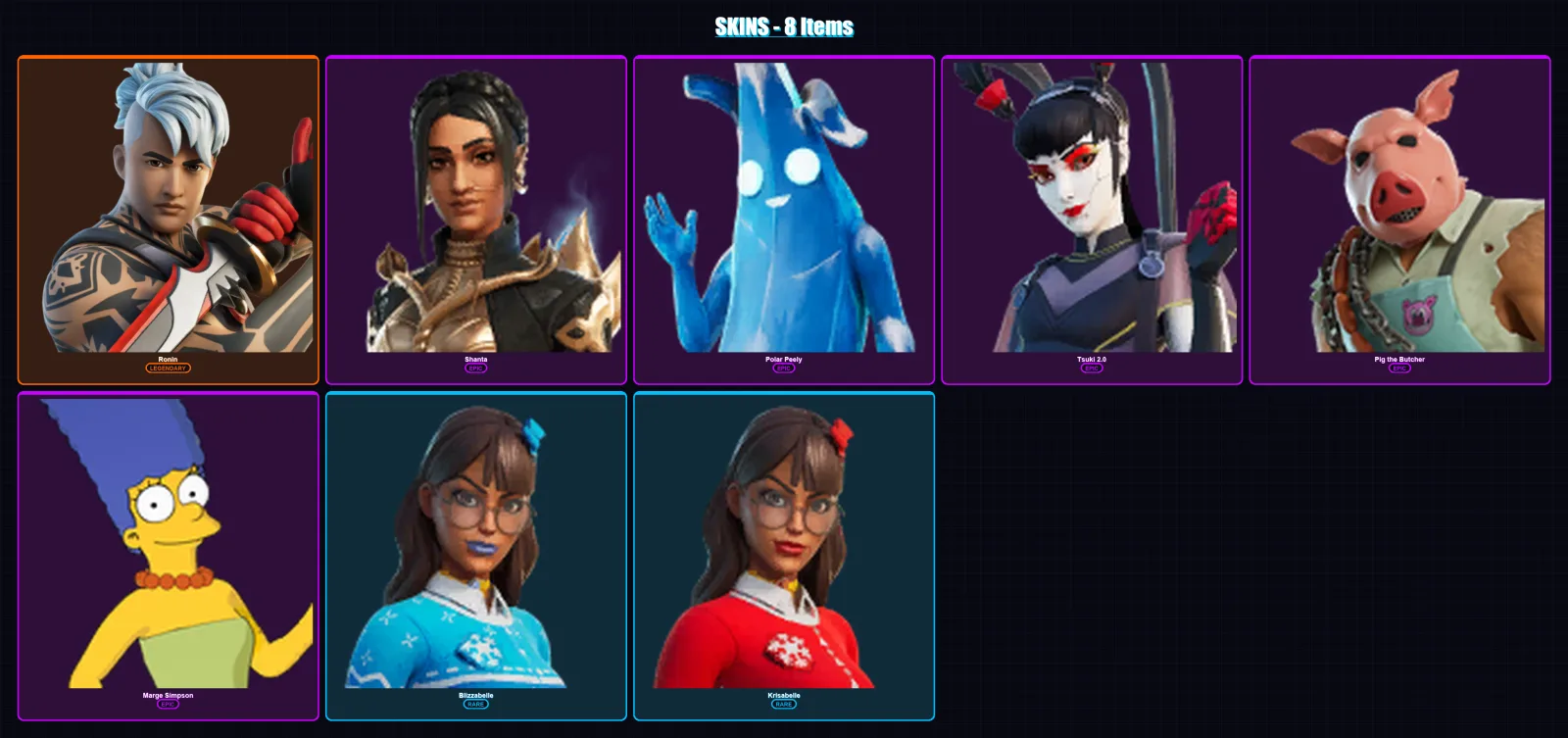 [PC/XBOX/PSN] | Ronin | Shanta | Polar Peely | Tsuki 2.0 | Pig the Butcher | 8 skin | 24 pickaxe | 13 emote | 17 glider | Lv178
