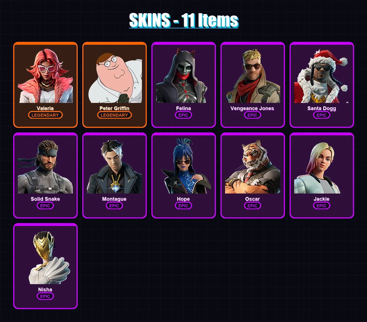 [PC/XBOX/PSN] | Valeria | Peter Griffin | Felina | Vengeance Jones | Santa Dogg | 11 skin | 26 pickaxe | 25 emote | 20 glider | Lv345