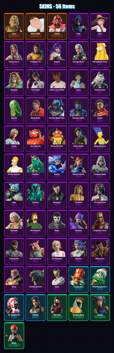 [PS4/PS5/XBOX/PC] | Zeus | Peter Griffin | Valeria | Hope | Joss | 56 skin | 87 pickaxe | 66 emote | 72 glider | Lv1204
