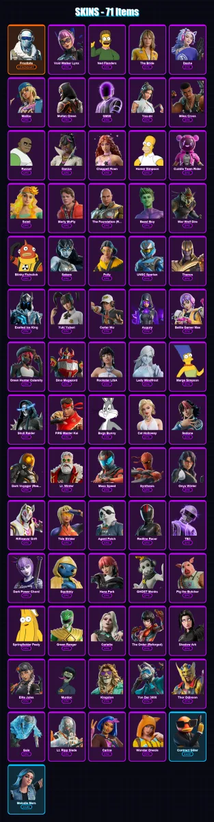 [PC/PSN] | Frostbite | Void Walker Lynx | Ned Flanders | The Bride | Dasha | 71 skin | 84 pickaxe | 58 emote | 42 glider | Lv1089 — Fortnite account