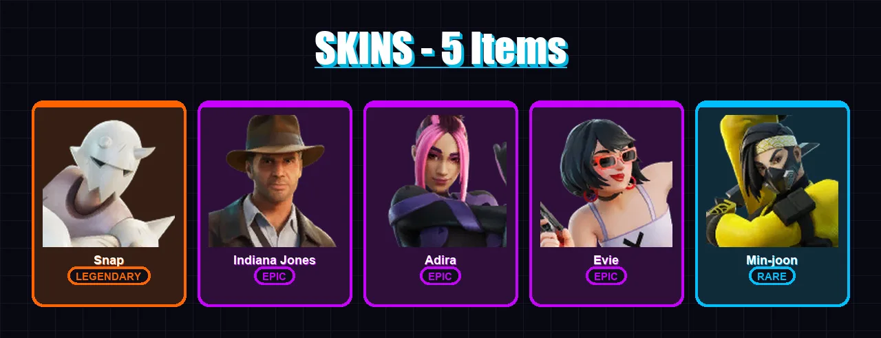 [PC/XBOX/PSN] | Snap | Indiana Jones | Adira | Evie | Min-joon | 5 skin | 9 pickaxe | 3 emote | 8 glider | Lv79