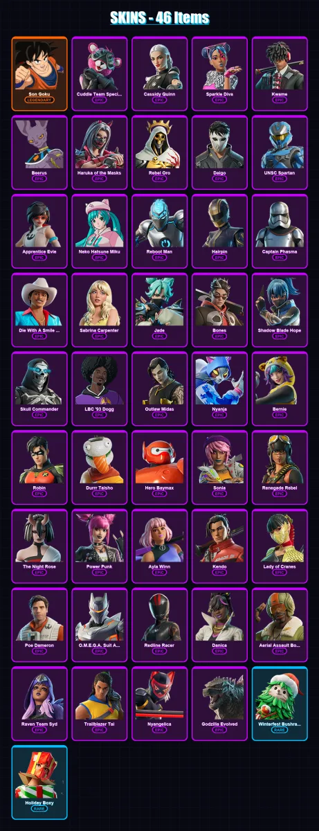 [PC/XBOX] | Son Goku | Cuddle Team Specialist | Cassidy Quinn | Sparkle Diva | Kwame | 46 skin | 52 pickaxe | 33 emote | 28 glider | Lv265 — Fortnite account