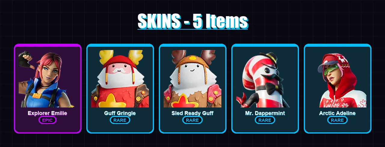 [PC/XBOX/PSN] | Explorer Emilie | Guff Gringle | Sled Ready Guff | Mr. Dappermint | Arctic Adeline | 5 skin | 3 pickaxe | 3 emote | 6 glider | Lv38