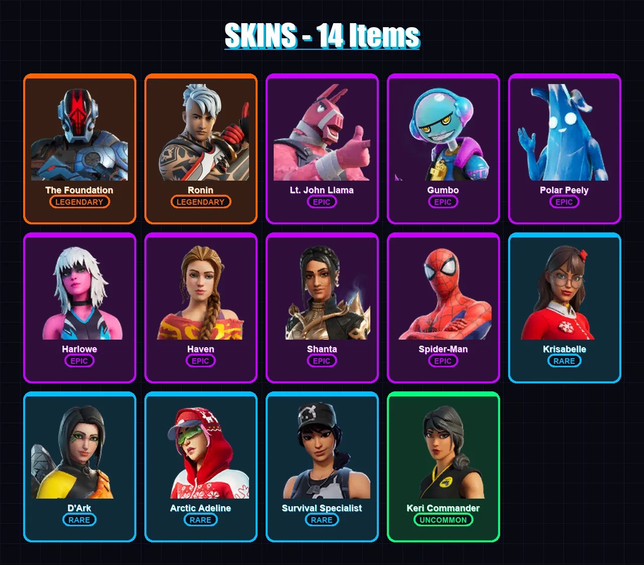 [PC] | The Foundation | Ronin | Lt. John Llama | Gumbo | Polar Peely | 14 skin | 33 pickaxe | 23 emote | 27 glider | Lv499