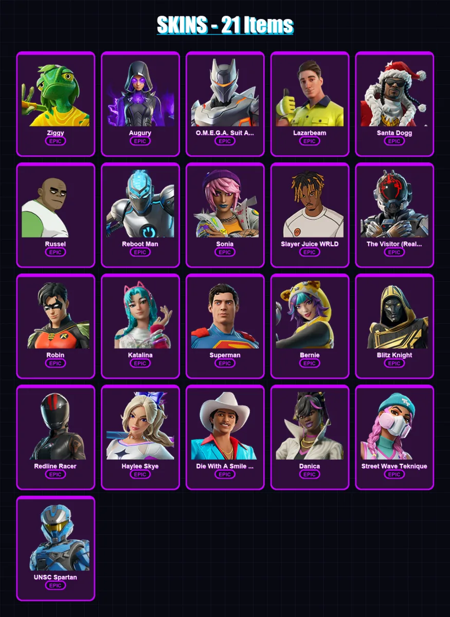 [PS4/PS5/XBOX/PC] | Ziggy | Augury | O.M.E.G.A. Suit Alpha | Lazarbeam | Santa Dogg | 21 skin | 30 pickaxe | 18 emote | 17 glider | Lv133