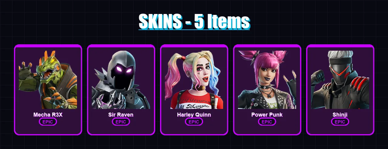 [PC/XBOX/PSN] | Mecha R3X | Sir Raven | Harley Quinn | Power Punk | Shinji | 5 skin | 19 pickaxe | 9 emote | 22 glider | Lv300