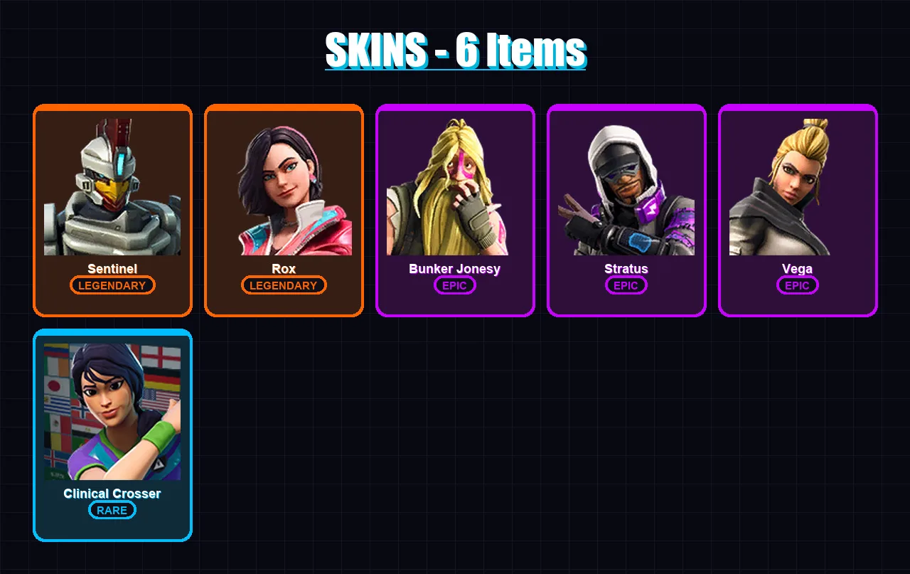 [PS4/PS5/XBOX/PC] | Sentinel | Rox | Bunker Jonesy | Stratus | Vega | 6 skin | 7 pickaxe | 11 emote | 12 glider | Lv111