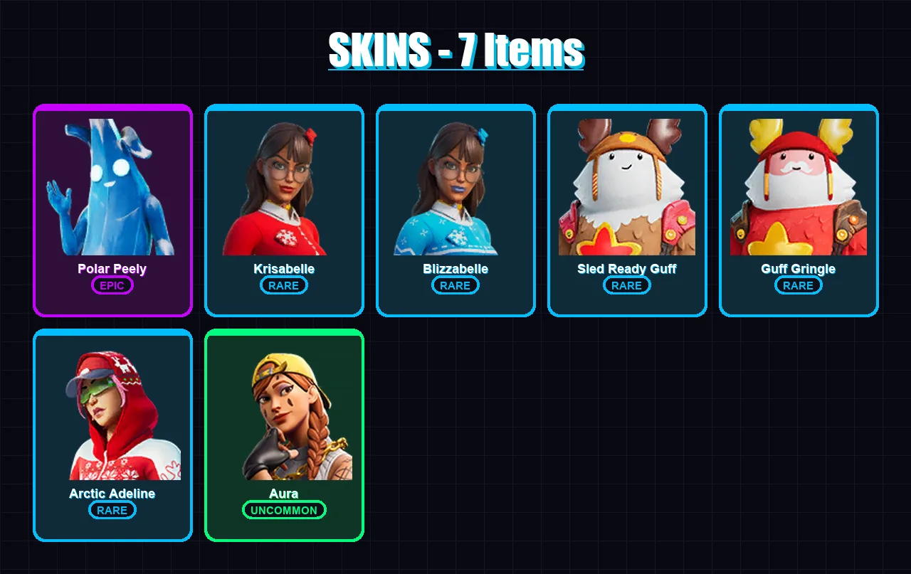[PC/XBOX/PSN] | Polar Peely | Krisabelle | Blizzabelle | Sled Ready Guff | Guff Gringle | 7 skin | 16 pickaxe | 11 emote | 16 glider | Lv265