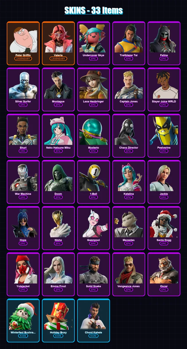 [PC/XBOX/PSN] | Peter Griffin | Valeria | Undercover Skye | Trailblazer Tai | Felina | 33 skin | 53 pickaxe | 32 emote | 30 glider | Lv447
