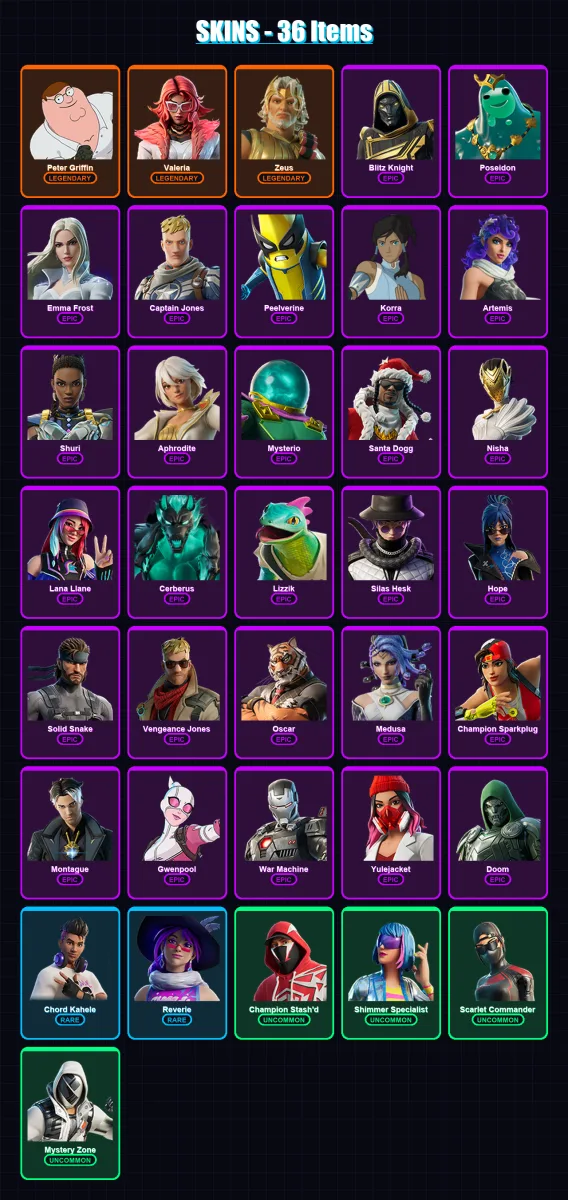 [SWITCH/XBOX/PSN/PC] | Peter Griffin | Valeria | Zeus | Blitz Knight | Poseidon | 36 skin | 71 pickaxe | 50 emote | 44 glider | Lv714