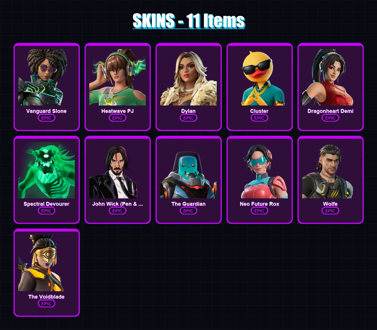[PC/PSN] | Vanguard Slone | Heatwave PJ | Dylan | Cluster | Dragonheart Demi | 11 skin | 17 pickaxe | 14 emote | 15 glider | Lv107