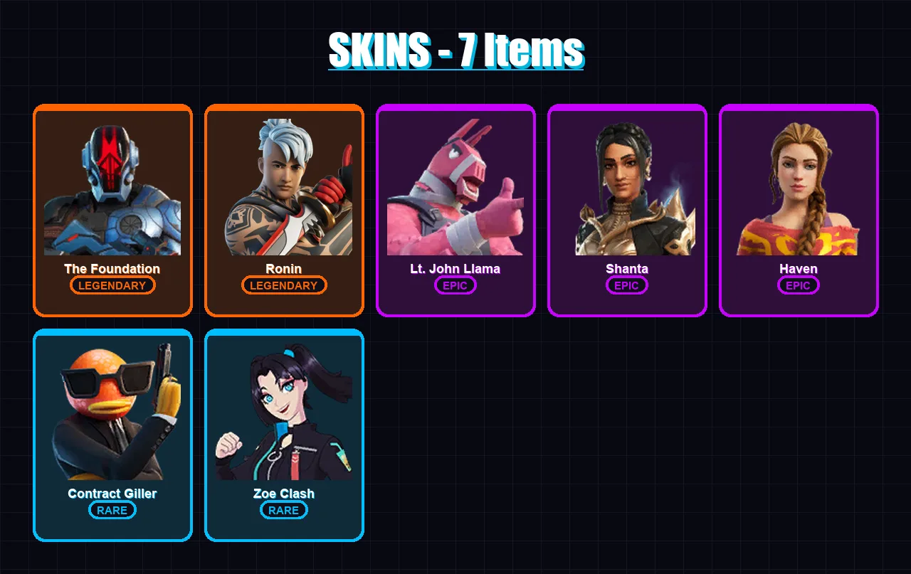 [PC/XBOX/PSN] | The Foundation | Ronin | Lt. John Llama | Shanta | Haven | 7 skin | 9 pickaxe | 13 emote | 8 glider | Lv116