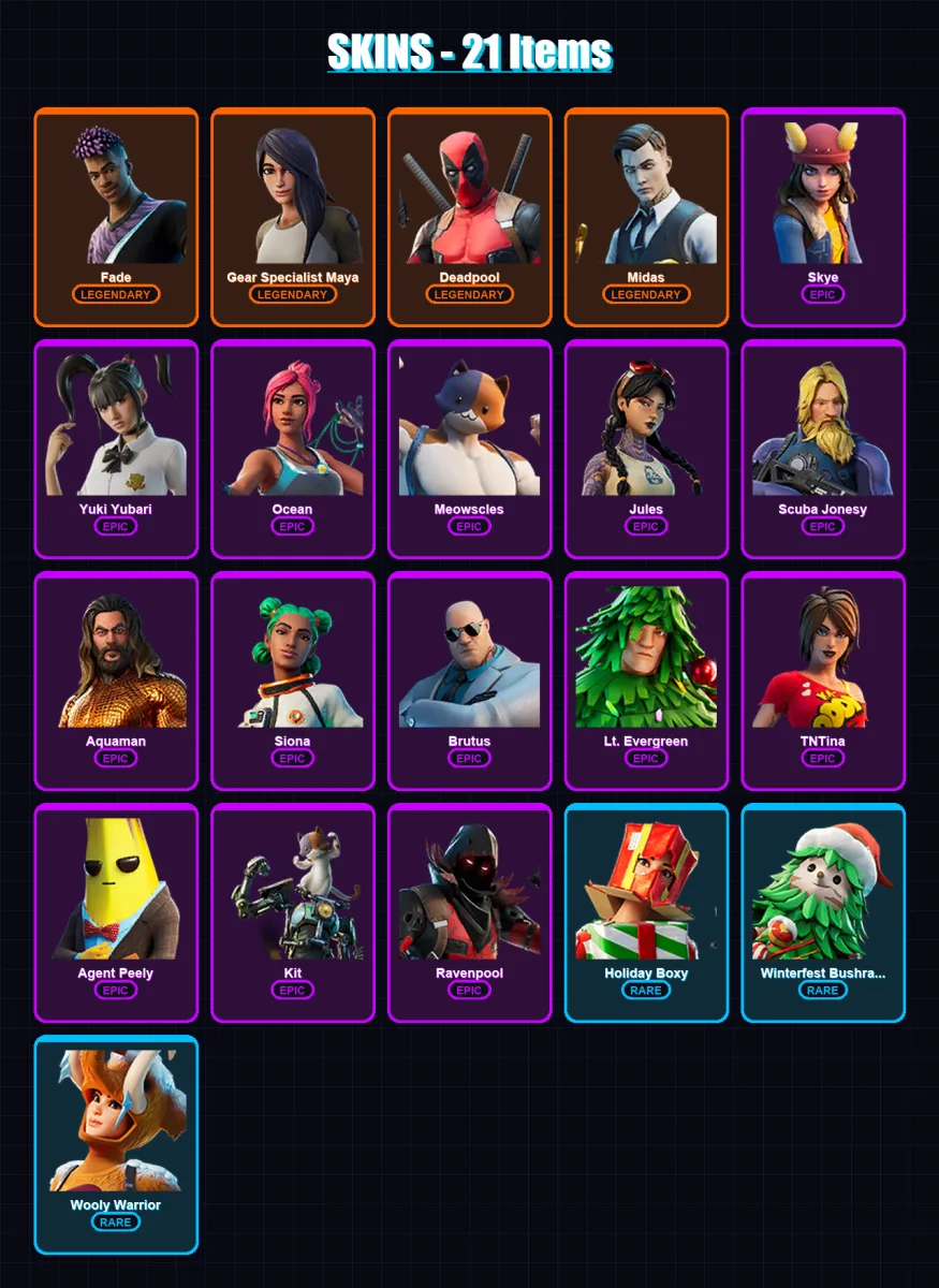 [PC/PSN] | Fade | Gear Specialist Maya | Deadpool | Midas | Skye | 21 skin | 32 pickaxe | 25 emote | 36 glider | Lv387