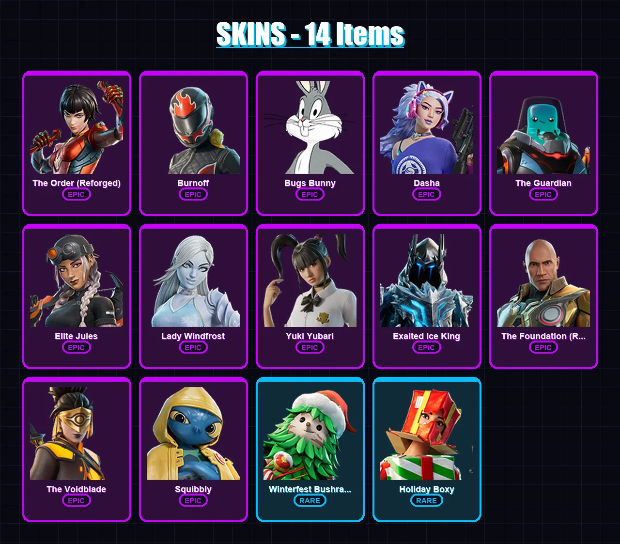 [PS4/PS5/XBOX/PC] | The Order (Reforged) | Burnoff | Bugs Bunny | Dasha | The Guardian | 14 skin | 36 pickaxe | 16 emote | 33 glider | Lv396