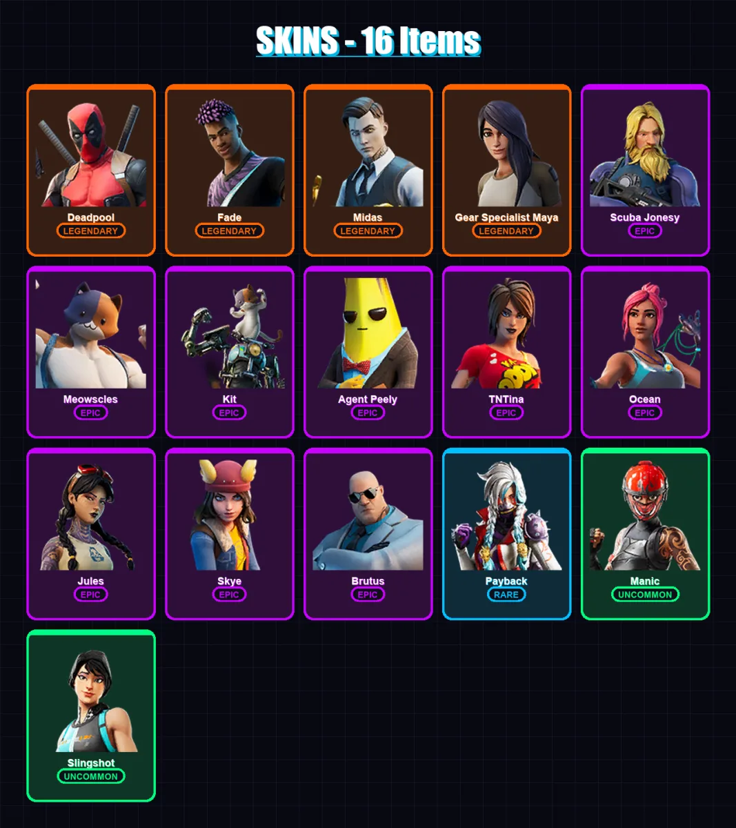 [PC/XBOX/PSN] | Deadpool | Fade | Midas | Gear Specialist Maya | Scuba Jonesy | 16 skin | 17 pickaxe | 17 emote | 19 glider | Lv239