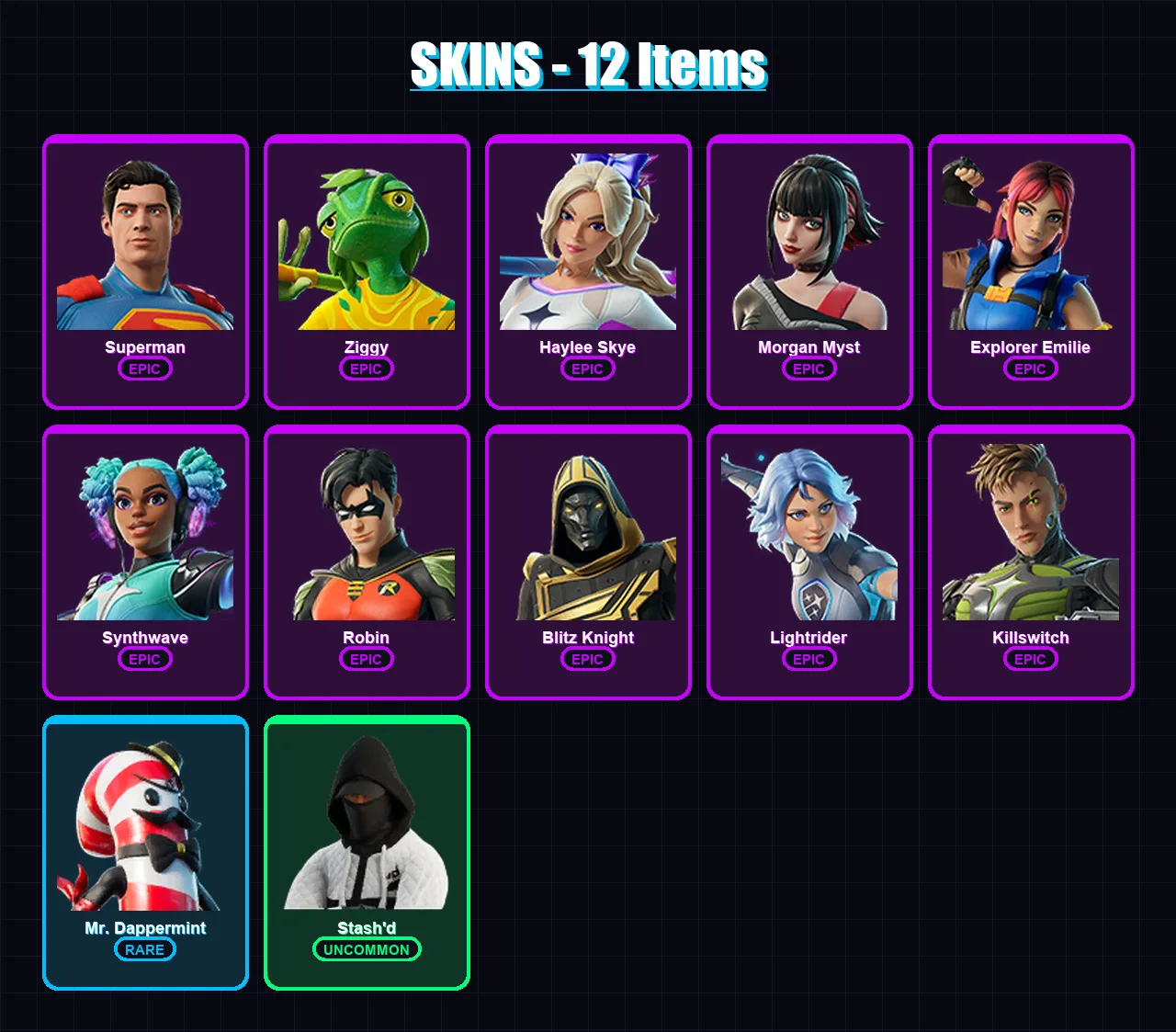 [PC/PSN] | Superman | Ziggy | Haylee Skye | Morgan Myst | Explorer Emilie | 12 skin | 23 pickaxe | 13 emote | 19 glider | Lv201