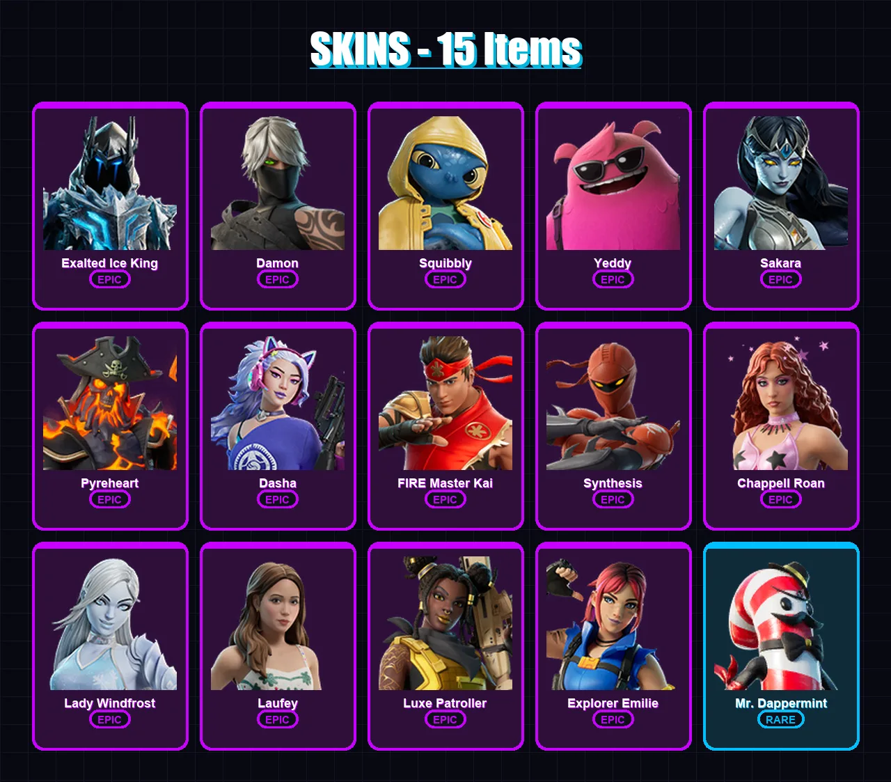 [PC/XBOX/PSN] | Exalted Ice King | Damon | Squibbly | Yeddy | Sakara | 15 skin | 20 pickaxe | 9 emote | 16 glider | Lv75
