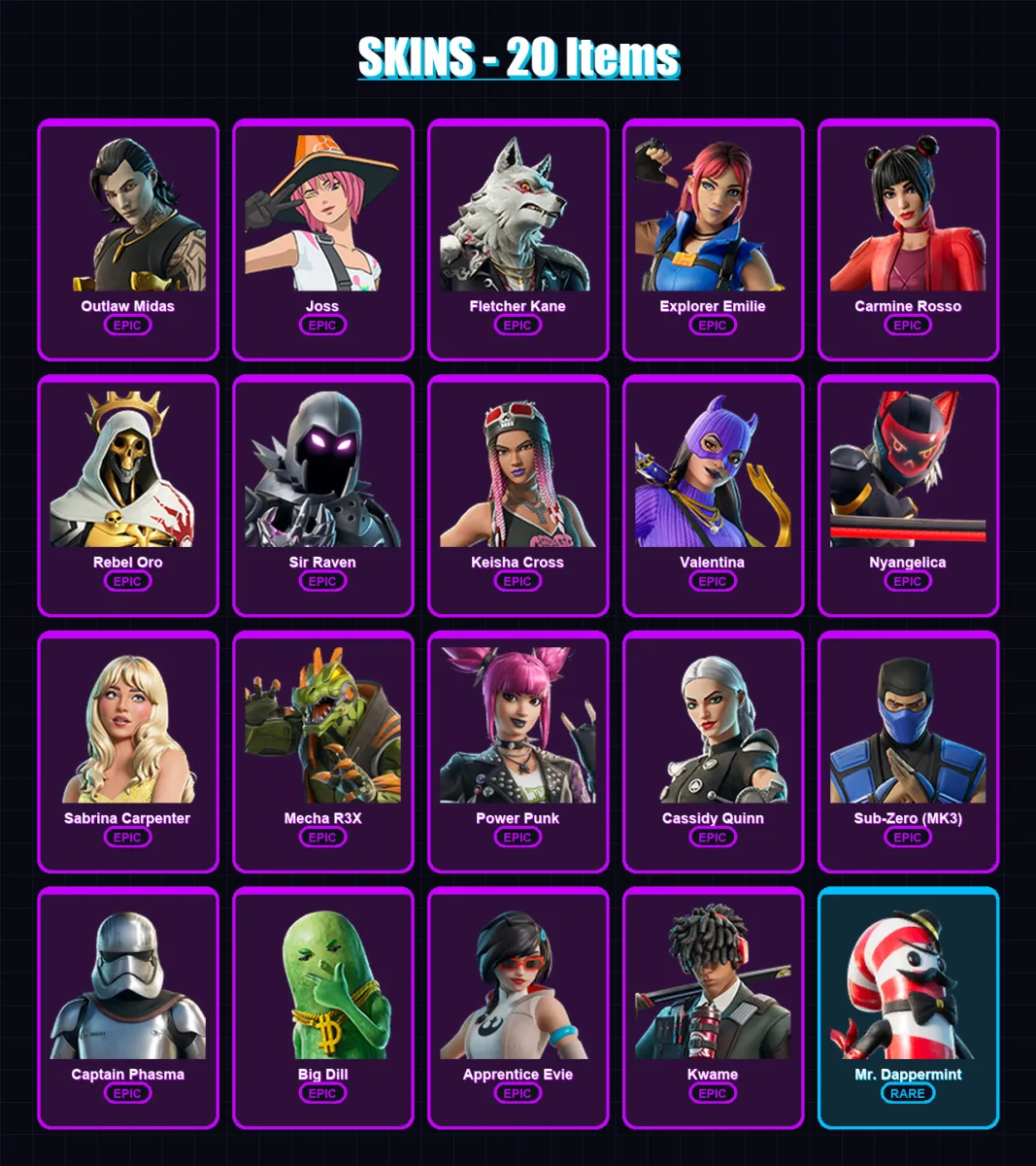 [PC/XBOX/PSN] | Outlaw Midas | Joss | Fletcher Kane | Explorer Emilie | Carmine Rosso | 20 skin | 32 pickaxe | 22 emote | 18 glider | Lv235