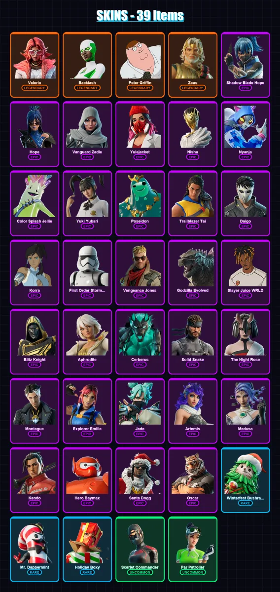 [PC/XBOX/PSN] | Valeria | Backlash | Peter Griffin | Zeus | Shadow Blade Hope | 39 skin | 76 pickaxe | 48 emote | 49 glider | Lv794 — Fortnite account