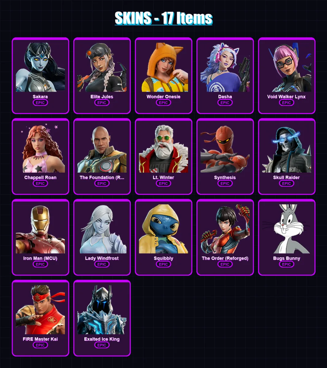 [PS4/PS5/PC] | Sakara | Elite Jules | Wonder Onesie | Dasha | Void Walker Lynx | 17 skin | 25 pickaxe | 16 emote | 15 glider | Lv135