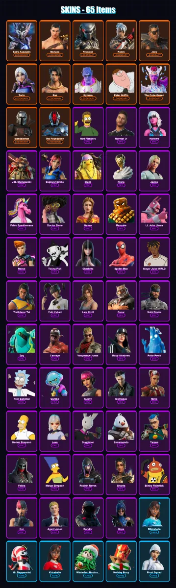 [PS4/PS5/XBOX/PC] | Spire Assassin | Menace | Predator | Ronin | Joey | 65 skin | 80 pickaxe | 55 emote | 74 glider | Lv1016