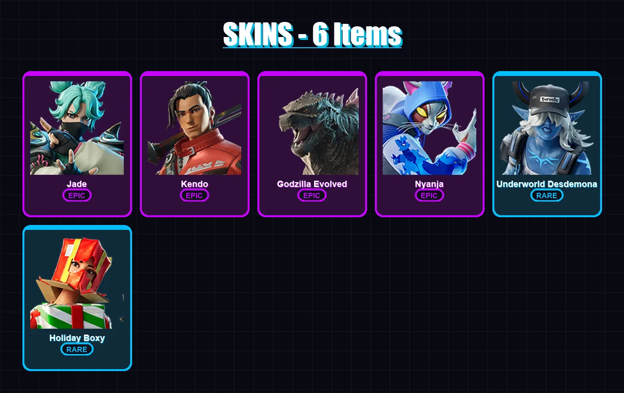 [PC/PSN] | Jade | Kendo | Godzilla Evolved | Nyanja | Underworld Desdemona | 6 skin | 24 pickaxe | 19 emote | 17 glider | Lv293