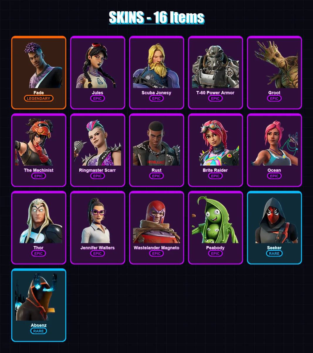 [PC/XBOX/PSN] | Fade | Jules | Scuba Jonesy | T-60 Power Armor | Groot | 16 skin | 28 pickaxe | 25 emote | 29 glider | Lv411