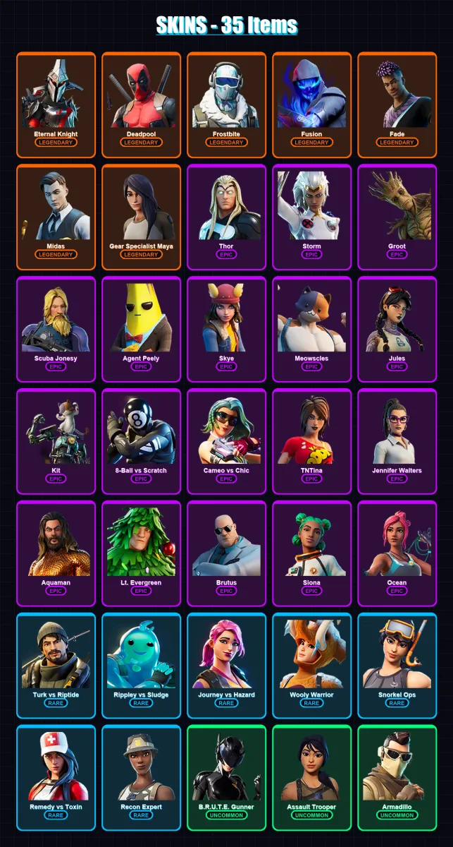 [PC/XBOX/PSN] | Eternal Knight | Deadpool | Frostbite | Fusion | Fade | 35 skin | 36 pickaxe | 60 emote | 42 glider | Lv831