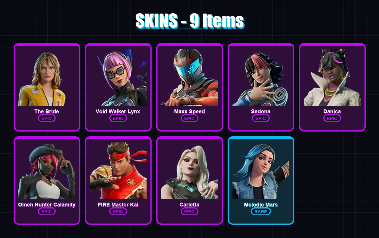 [PC/PSN] | The Bride | Void Walker Lynx | Maxx Speed | Sedona | Danica | 9 skin | 14 pickaxe | 2 emote | 9 glider | Lv47