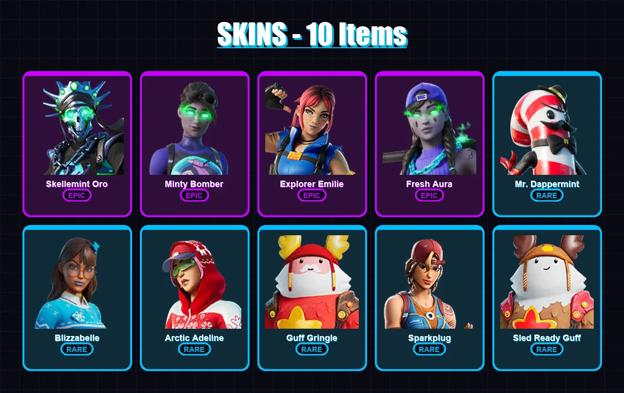 [PC/XBOX/PSN] | Skellemint Oro | Minty Bomber | Explorer Emilie | Fresh Aura | Mr. Dappermint | 10 skin | 31 pickaxe | 13 emote | 27 glider | Lv341