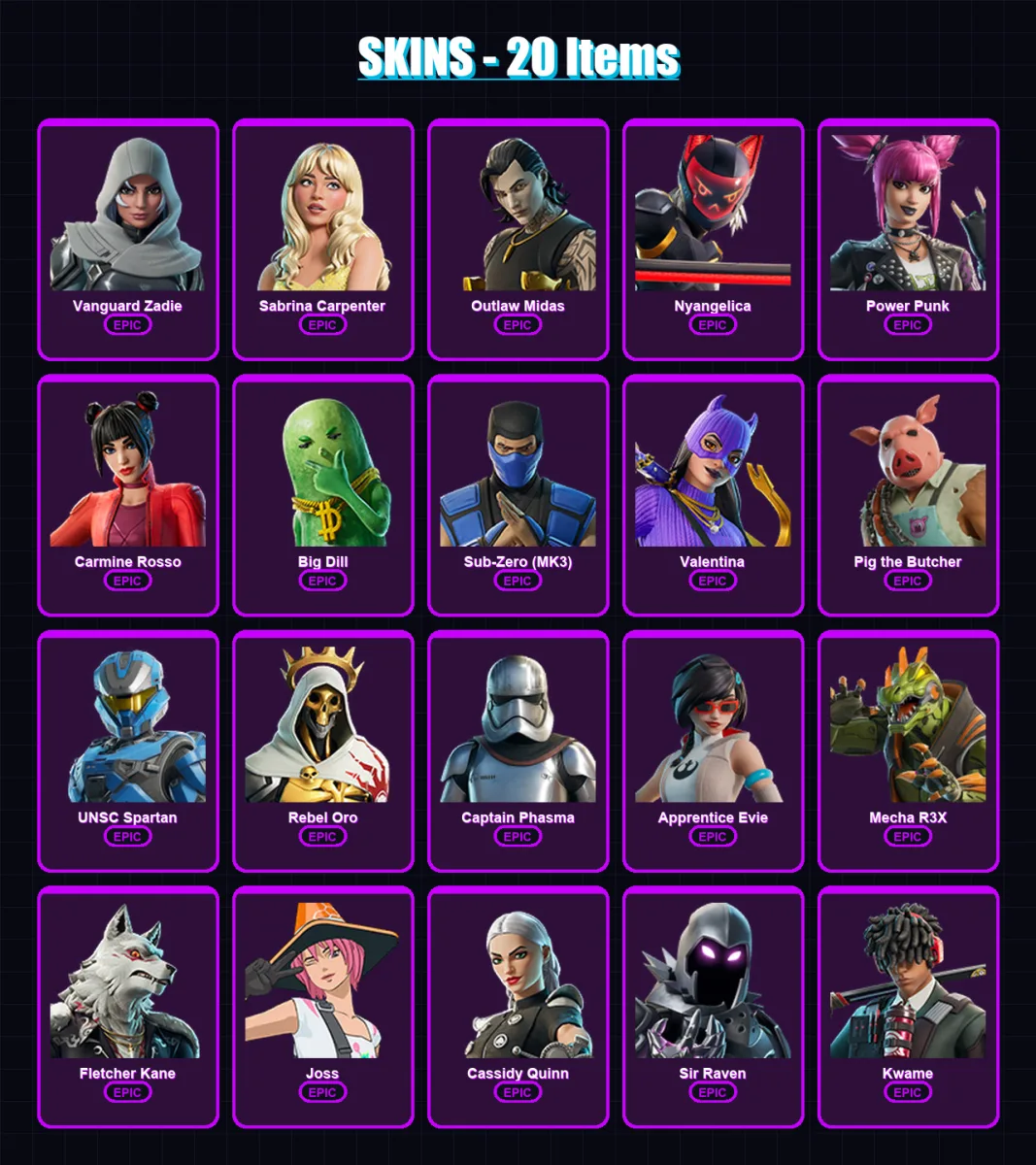 [PC/XBOX/PSN] | Vanguard Zadie | Sabrina Carpenter | Outlaw Midas | Nyangelica | Power Punk | 20 skin | 35 pickaxe | 23 emote | 21 glider | Lv270