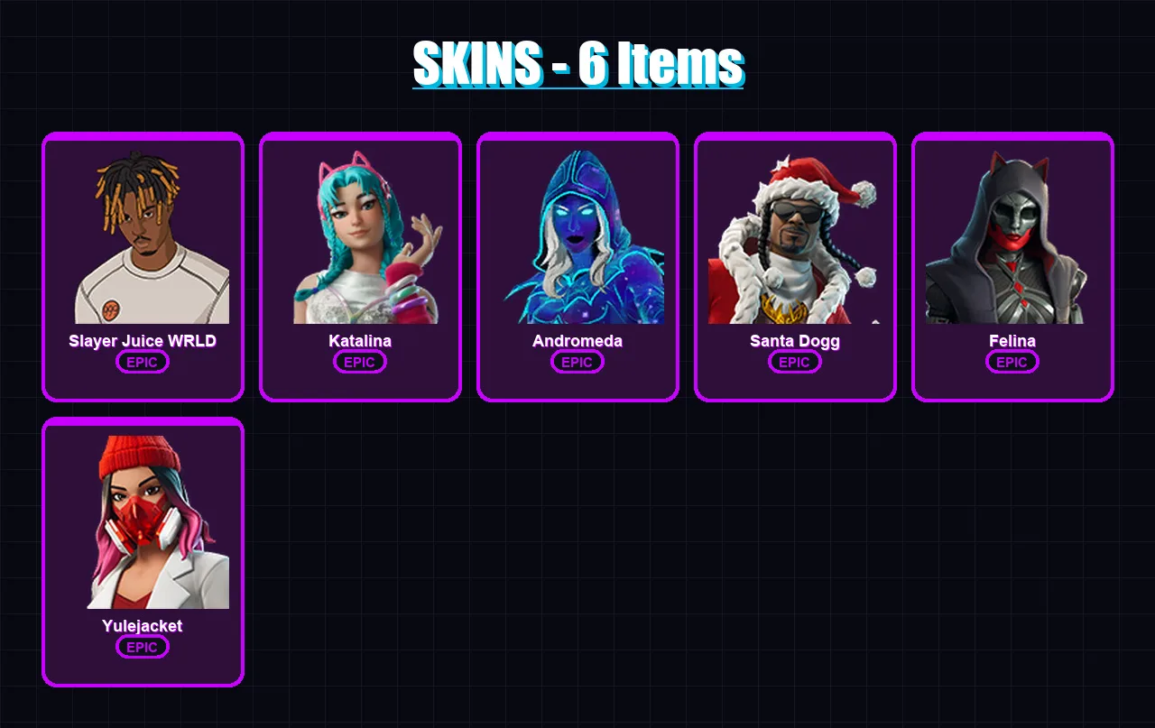 [PS4/PS5/XBOX/PC] | Slayer Juice WRLD | Katalina | Andromeda | Santa Dogg | Felina | 6 skin | 21 pickaxe | 15 emote | 15 glider | Lv217