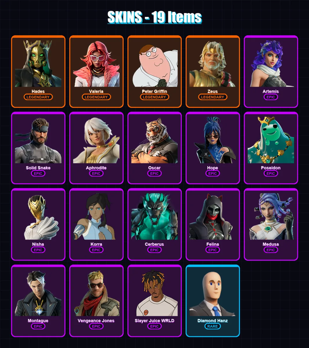 [PC/XBOX/PSN] | Hades | Valeria | Peter Griffin | Zeus | Artemis | 19 skin | 55 pickaxe | 35 emote | 37 glider | Lv647