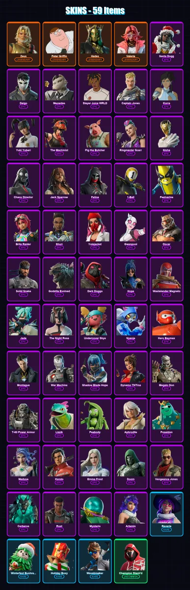 [PC/PSN] | Zeus | Peter Griffin | Hades | Valeria | Santa Dogg | 59 skin | 98 pickaxe | 72 emote | 66 glider | Lv1375
