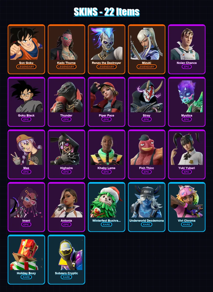 [PS4/PS5/XBOX/PC] | Son Goku | Kado Thorne | Renzo the Destroyer | Mizuki | Nolan Chance | 22 skin | 34 pickaxe | 22 emote | 36 glider | Lv375