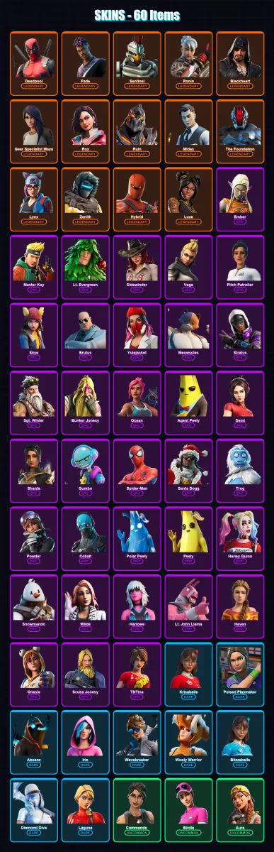 [PC/PSN] | Deadpool | Fade | Sentinel | Ronin | Blackheart | 60 skin | 71 pickaxe | 67 emote | 61 glider | Lv1005