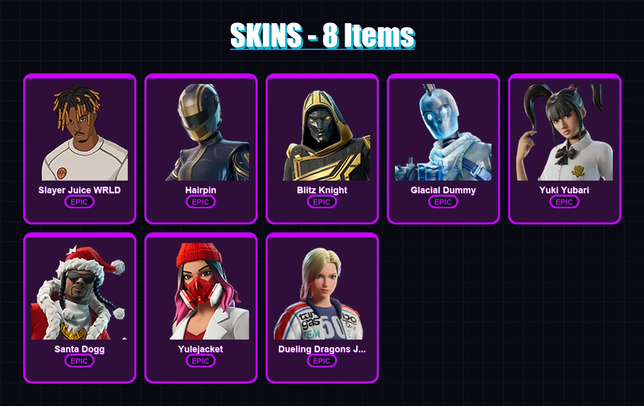 [PC/PSN] | Slayer Juice WRLD | Hairpin | Blitz Knight | Glacial Dummy | Yuki Yubari | 8 skin | 55 pickaxe | 18 emote | 32 glider | Lv352