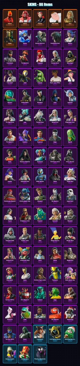 [PC] | Inferno | Valeria | Polarity | Peter Griffin | Zeus | 88 skin | 151 pickaxe | 110 emote | 107 glider | Lv2051