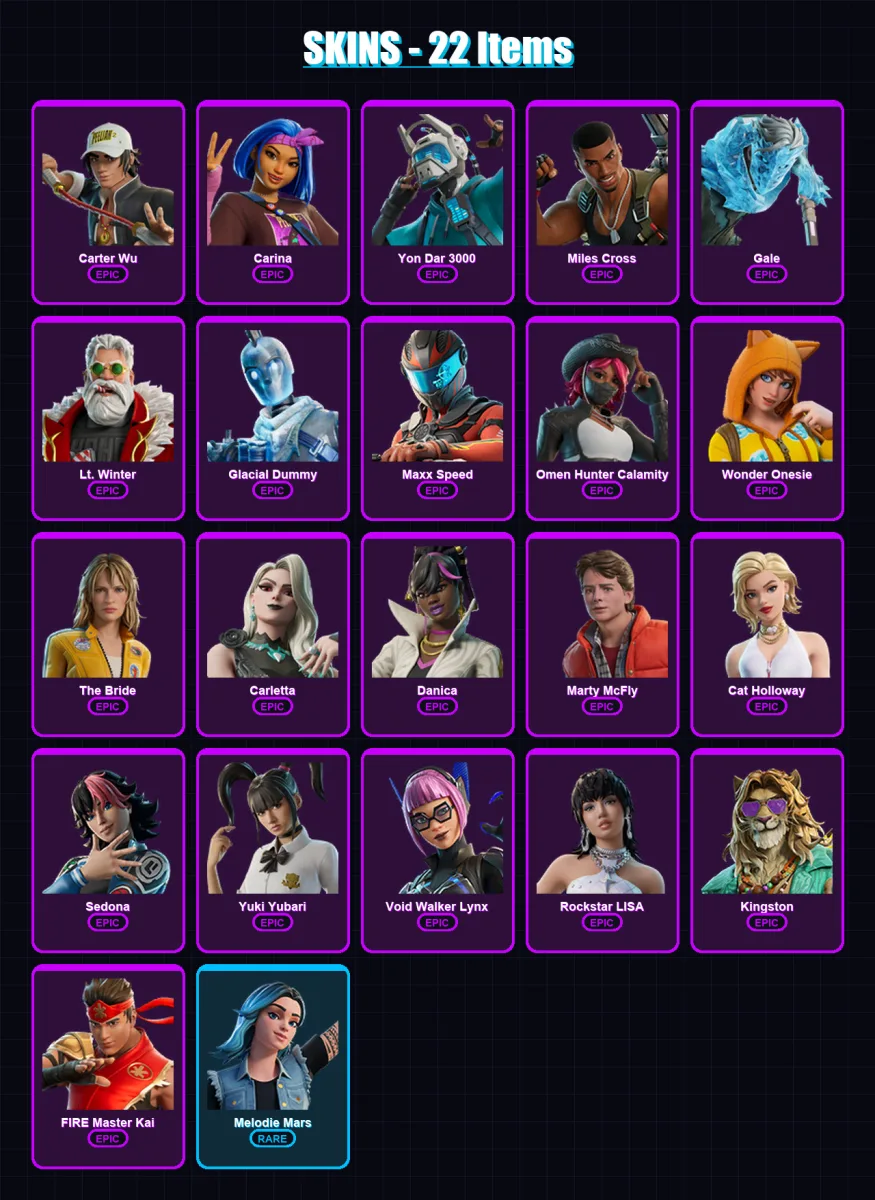 [PC/PSN] | Carter Wu | Carina | Yon Dar 3000 | Miles Cross | Gale | 22 skin | 26 pickaxe | 21 emote | 19 glider | Lv199