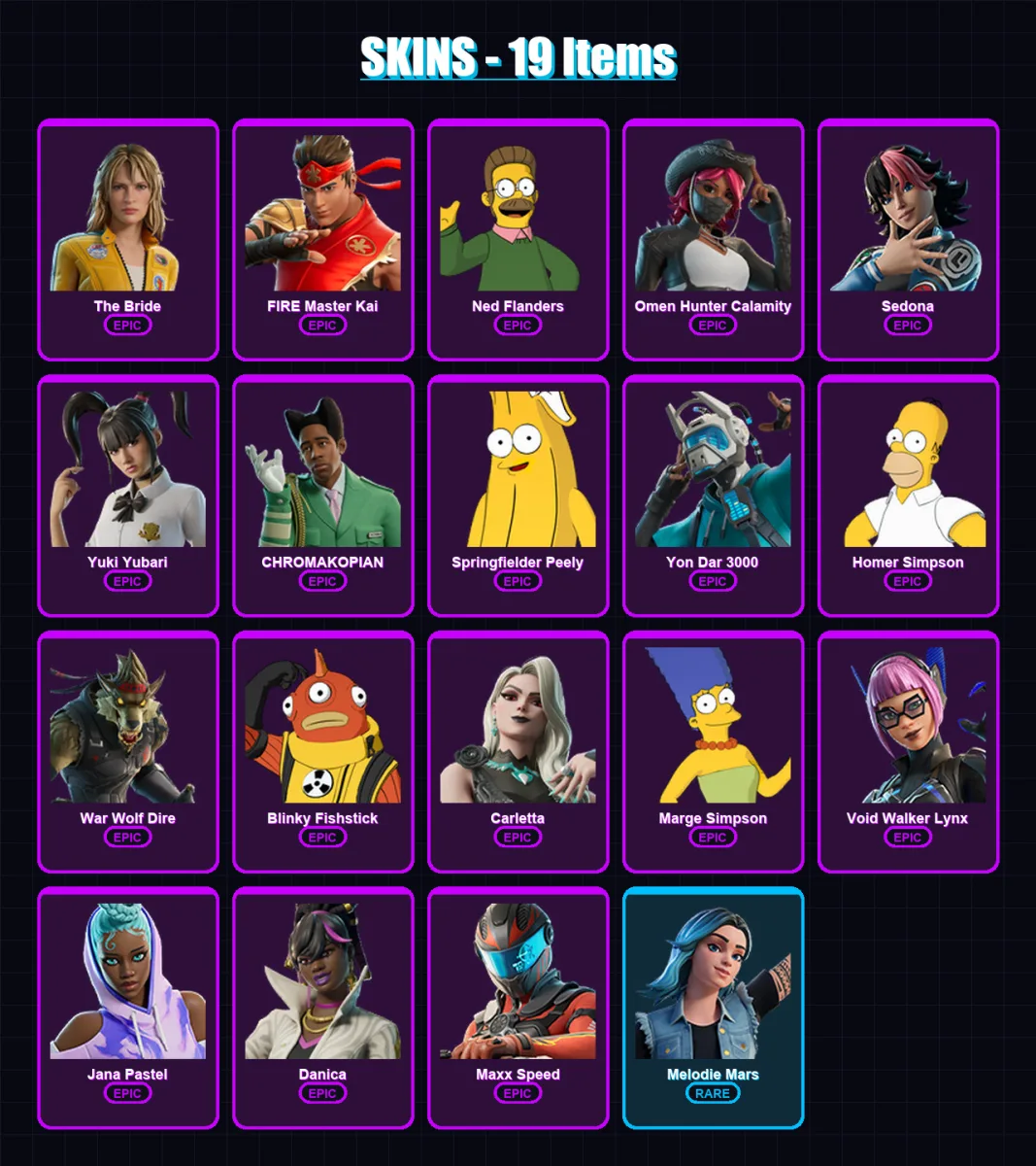 [PS4/PS5/PC] | The Bride | FIRE Master Kai | Ned Flanders | Omen Hunter Calamity | Sedona | 19 skin | 23 pickaxe | 17 emote | 15 glider | Lv83 — Fortnite account