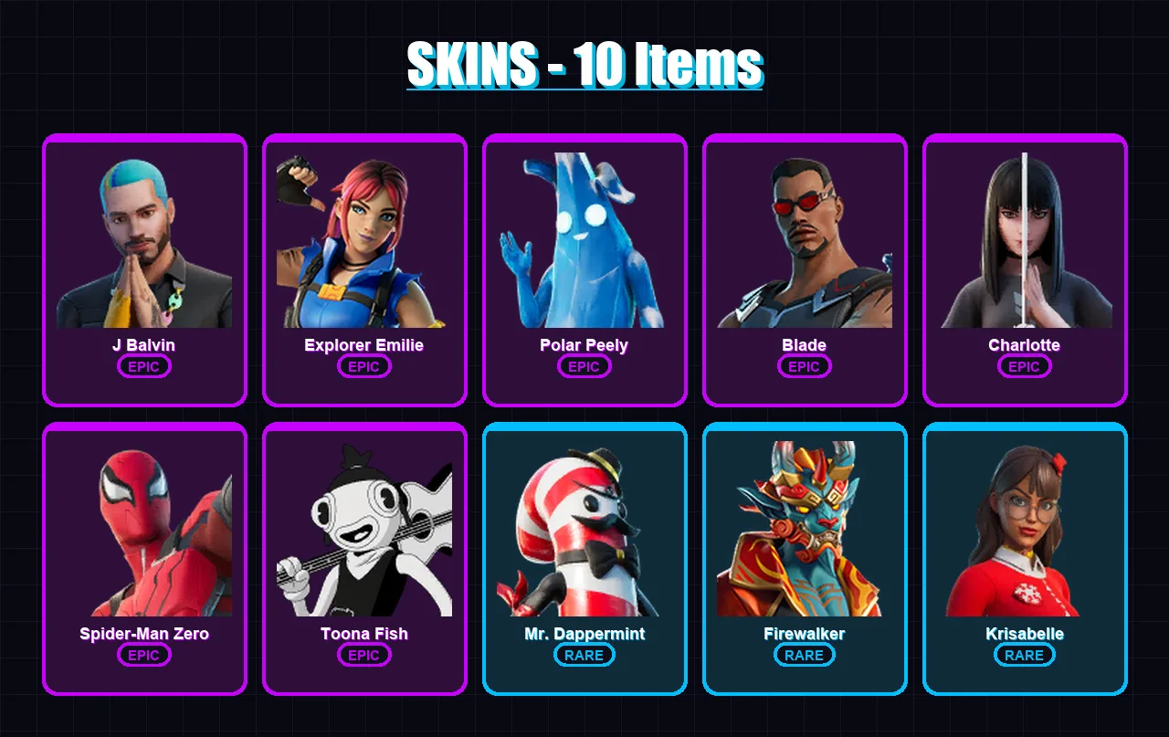 [PC/XBOX/PSN] | J Balvin | Explorer Emilie | Polar Peely | Blade | Charlotte | 10 skin | 12 pickaxe | 11 emote | 8 glider | Lv80