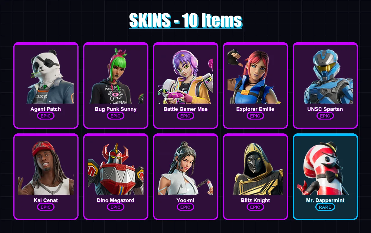 [PC/XBOX] | Agent Patch | Bug Punk Sunny | Battle Gamer Mae | Explorer Emilie | UNSC Spartan | 10 skin | 35 pickaxe | 17 emote | 22 glider | Lv208